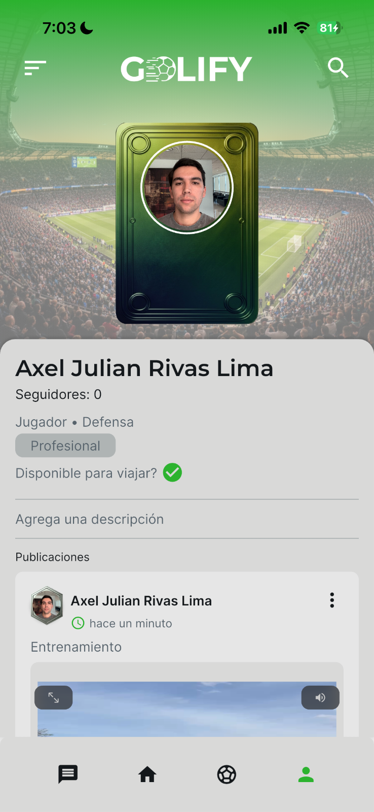 Pantalla de perfil del jugador